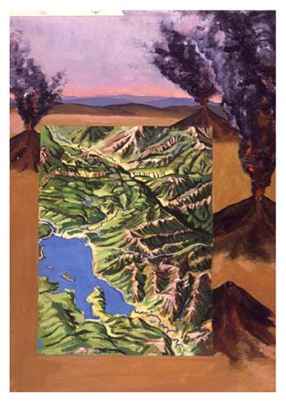 Landscape comparisons of Yellowstone: background illustration depicts Yellowstone's landscape 50 million years ago, while the inset illustration depicts Yellowstone's landscape as it appears today.