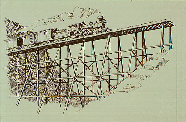 Steam locomotive pulling train cars across wooden railroad trestle.