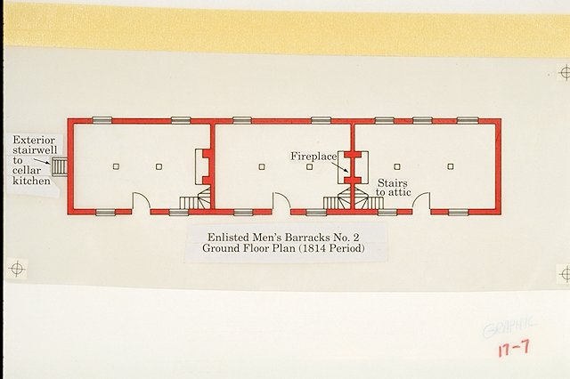 Simplified plan of the first floor of Fort McHenry's Barracks No. 2.