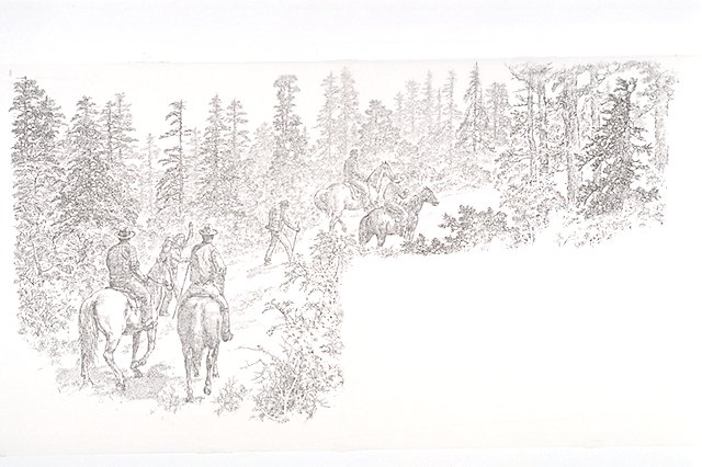 Hikers and riders on horseback.