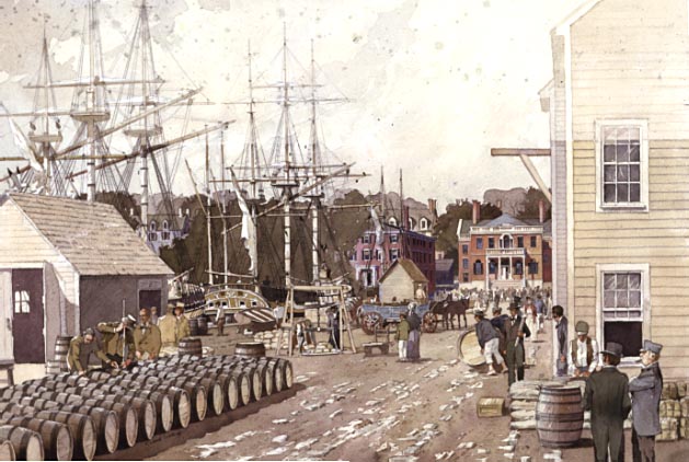 Scene depicts the daily activities on Salem's Derby Wharf, c1820. Scene includes a team of weighers and measurers of the Customs Service working dock-yard scales, hydrometers, and gauges to determine the value of each item of a vessel's goods.