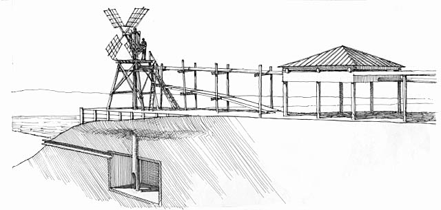 A diagram of a saltworks showing location near a saltwater source and how water was pumped into the vats.