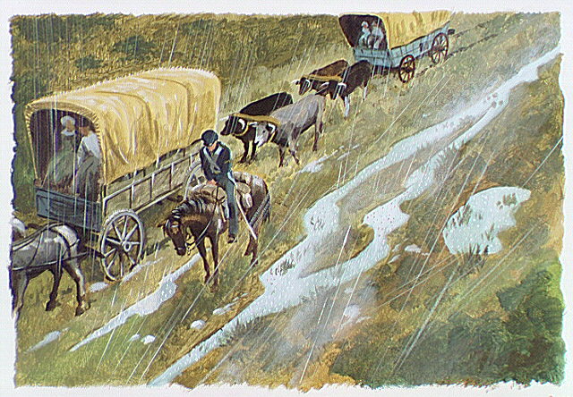 Mounted Dragoon bent against the rain escorting battered wagon train through storm.