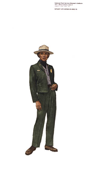 African American female National Park Service (NPS) Ranger wearing a 1974 Class D uniform consisting of a short forest green jacket and trousers with a black turtle-neck under shirt and felt hat.