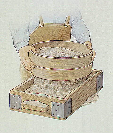 Flask casting sequence: moulder is sifting fine, damp sand over the pattern with a riddle.