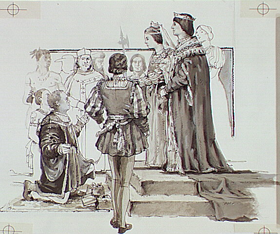 Christopher Columbus returns to Barcelona and meets with King Ferdinand and Queen Isabella.