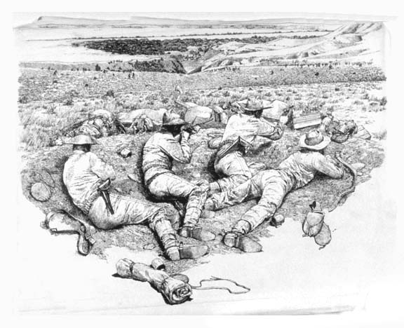 Artist's interpretation depicts four dismounted cavalrymen (troopers) from the Reno-Benteen commands taking a defensive position behind their dead mounts (horses) on the high bluffs above the Little Bighorn River