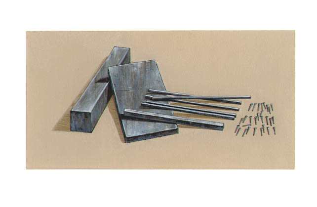 Milled stock, from left: merchant bar, slit iron rolled to a required thickness, iron strips cut by discs, and nails later made by blacksmiths or farmers.