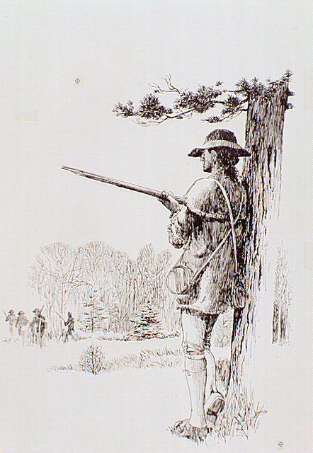 American Continental soldier: Mountaineer rifleman acting as sentinel.