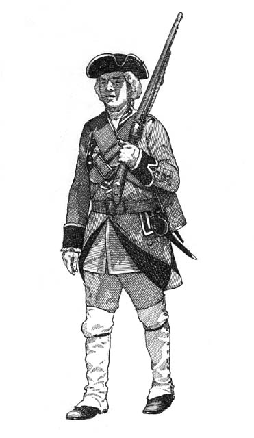 A soldier of James Oglethorpe's own regiment (carried on the rolls as the 42nd Regiment of Foot) with musket shouldered, about 1742.