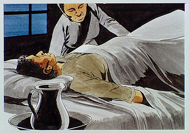 Woman nurse assisting man in hospital bed.