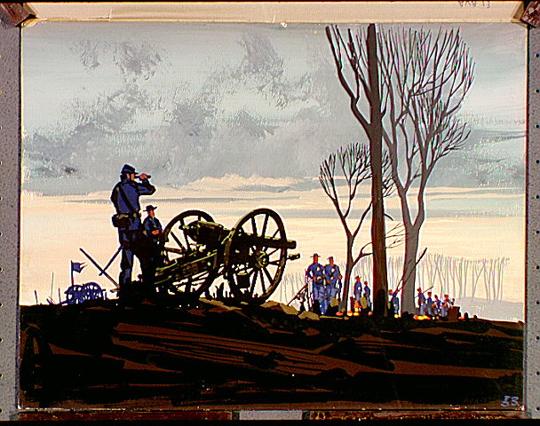 Troops around a cannon overlooking battlefield in front of trees.