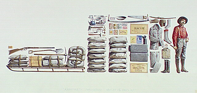 Alaska Gold Rush Stampeder, circa 1897, showing the supplies of food packs, clothing and equipment needed to sustain him for one year in the Yukon goldfields.