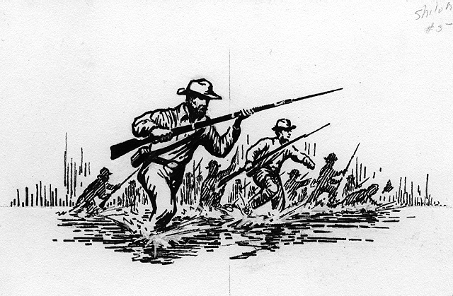 Scene depicts an event of April 7, 1862 when Confederate soldiers with fixed bayonets charged through a wet weather pond in a counterattack which halted the Union advances, but failed to break the Union line during the Battle of Shiloh.