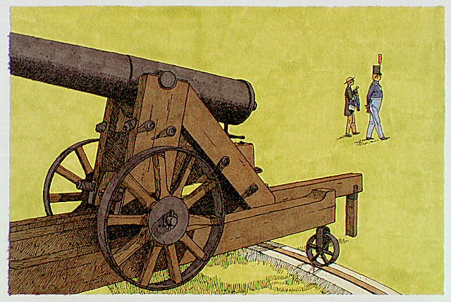 Side view of a 24-pounder gun with the young recruit and Sergeant in background.