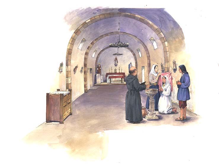 Scene depicts an interior view of a barrel-vaulted, Spanish colonial sanctuary with an adult woman being baptized by a Franciscan missionary in the northwest corner of the 1773-1776 church at Mission Espada