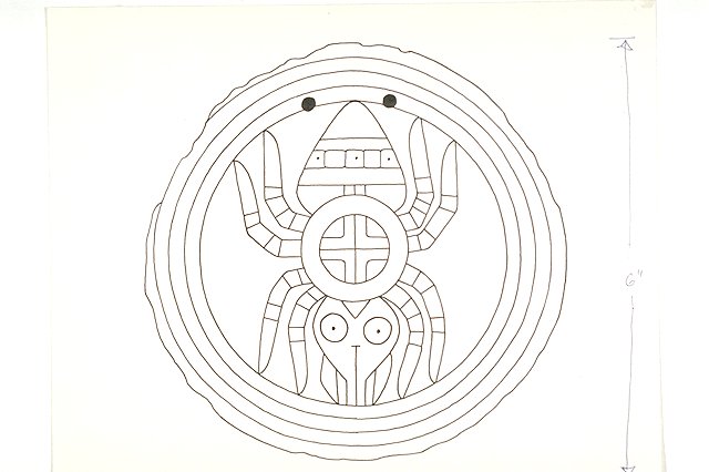 Drawing of shell gorget with spider engraving found in New Madrid County, Georgia.