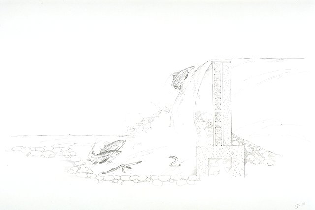 Illustration depicts a partial cutaway of the sea lamprey barrier used on Miners River