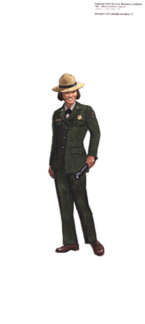 Asian American female National Park Service (NPS) Ranger holding a flashlight and wearing a 1990s Class A uniform with straw hat.