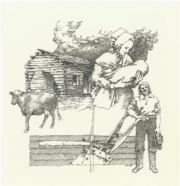 Montage illustration depicts a cabin, cow, plow, and a family (mother, child, and father).