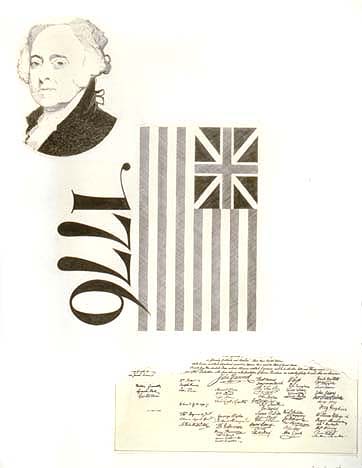 Collage art depicts a portrait of John Quincy Adams, the year 1776, the Continental Colors Flag (1775), and the signature section of the Declaration of Independence.