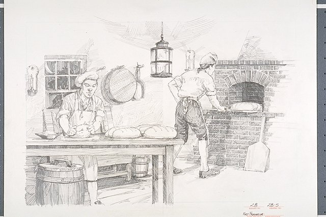 Conceptual illustration depicts the interior of the public oven (bakery) showing the baker placing loaves of bread into the heated oven to bake.