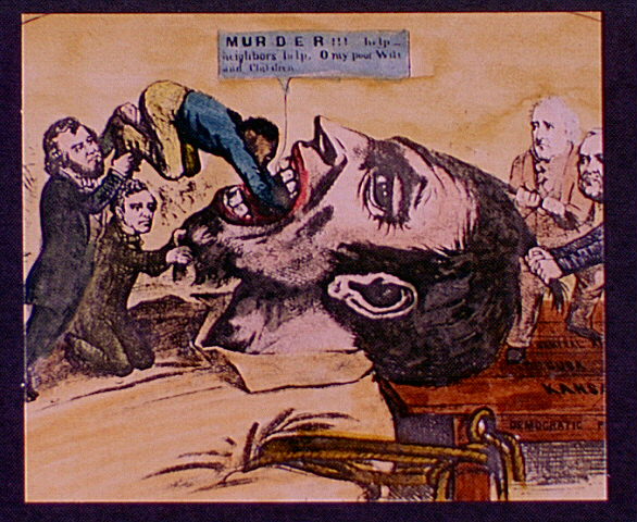 Detail of a Republican political cartoon "forcing slavery down the throat of a Freesoiler