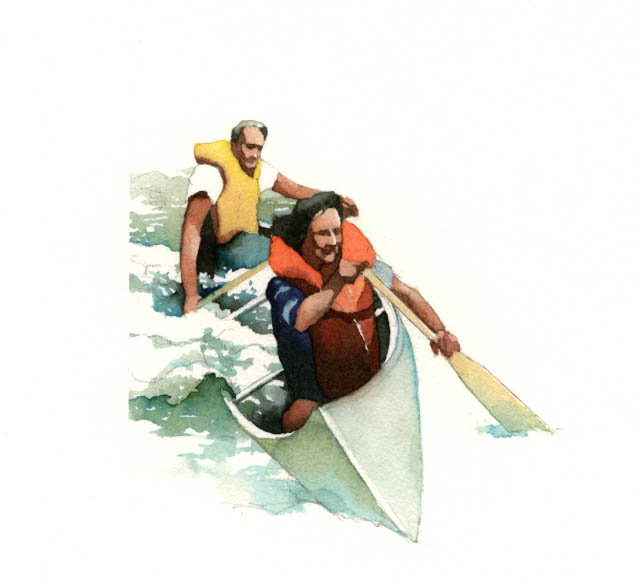 Illustration depicts the swamping of a canoe. Two canoeists leaning upstream cause water to run over the gunwale, filling the canoe.