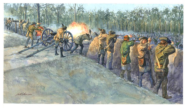Illustration depicts a pre-dawn scene from the Patriot perspective of the Loyalist attack, re-emphasizing the Patriots' strong defensive position during the Battle of Moores Creek.