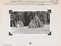 hfca_1607_iva_027_36_021_3963_a. Logging & Lumbering: Two piles of good Jeffrey pine wood, stacked to be burned by C.C.C. enrollees. Negative #: 3963. Locality: Near Noble Pass, Lassen Volcanic National Park, California.