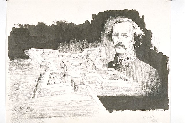 Oblique aerial view of Fort Hindman. To protect Little Rock and southeastern Arkansas from a river attack, Confederate engineers built an earthen fort at Arkansas Post in 1862.