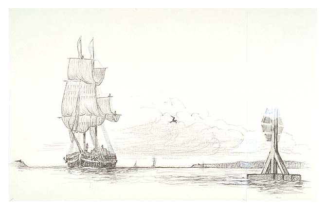 Buoy or channel marker and an 18th century sailing ship