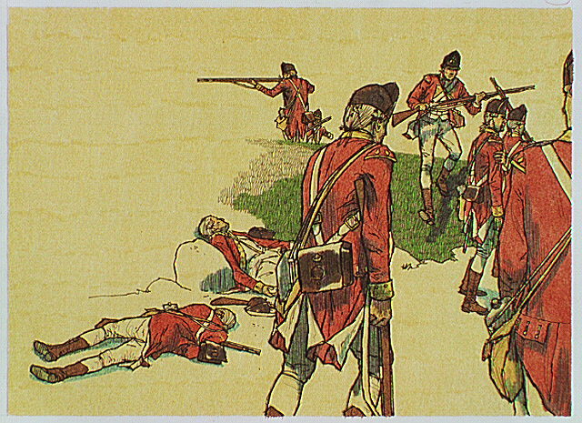 Scene from behind fleeing British soldiers. Some soldiers are shown wounded while two dead regulars lie on the ground.