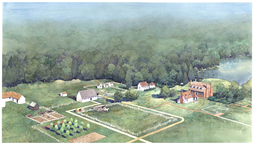 A dimensional aerial view (map) of the George Washington Birthplace National Monument illustrates major features, structures and pathways of the park area.