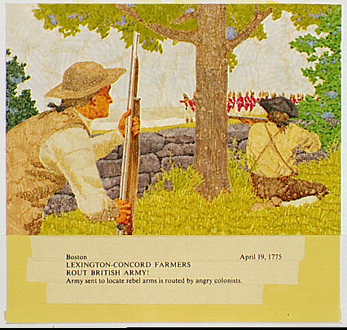 Scene depicts the events of April 19, 1775, when Lexington and Concord militiamen fought with retreating British Regulars (soldiers} along the road to Cambridge.