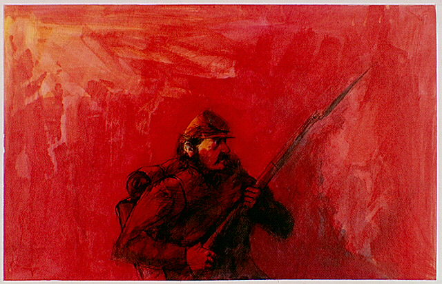 Civil War soldier holding a musket with bayonet while an artillery shell explodes overhead.