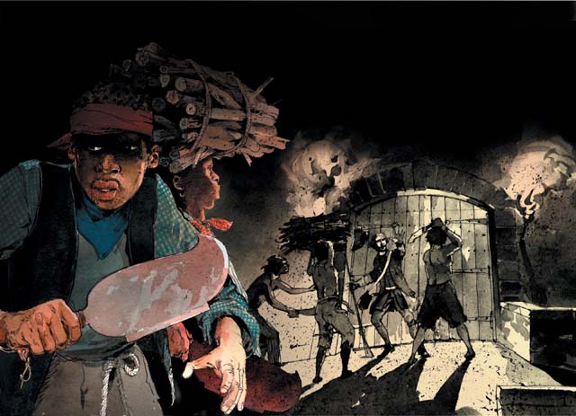 Illustration depicts events in the pre-dawn darkness of November 23, 1733 in which a carefully planned slave revolt began
