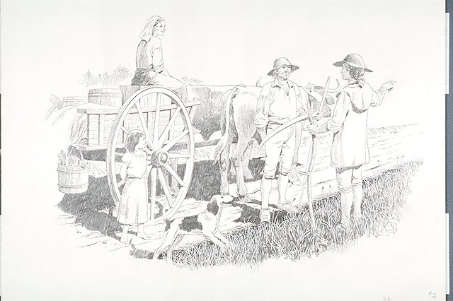Typical 18th century traffic on the Island Ford Road. Scene depicts a family with an oxen drawn cart stopping along the road to chat with a farmer holding a scythe.