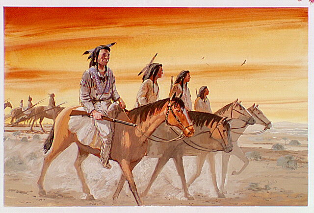 Nez Perce Chief Joseph and other warriors mounted on horseback.