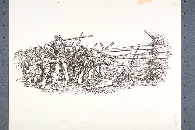 Civil War soldiers firing from behind a split rail fence.
