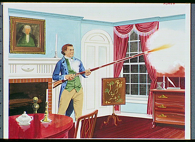 Colonial man firing a musket inside home. During the Yellow Fever epidemic, citizens of Philadelphia felt that shooting muskets or firing cannon salvos would purify the air.