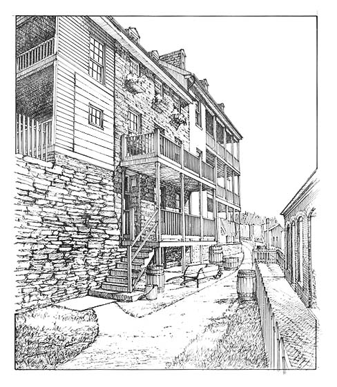Interpretive Period: 1859-1865. Illustration shows the exterior furnishings of Lower Town Harpers Ferry and depicts Marion Row, Buildings 1-a, 1-b, 1-c, 1-d, and the Public Way.