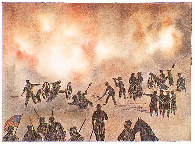 Scene showing Union Colonel William T. Sherman's Battery in action during the First Battle of Bull Run (Manassas).