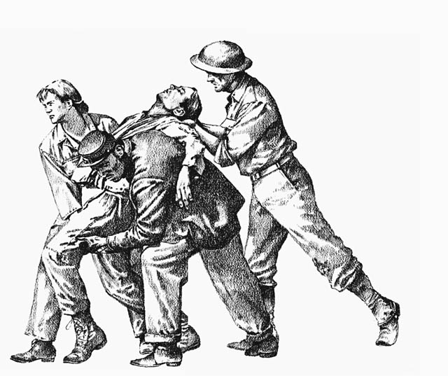 American POWs: A nurse, a Civil War soldier, and a WWI soldier carrying a wounded Vietnam soldier.