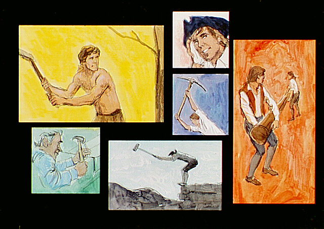 Montage of illustrations depicts men building defensive works.