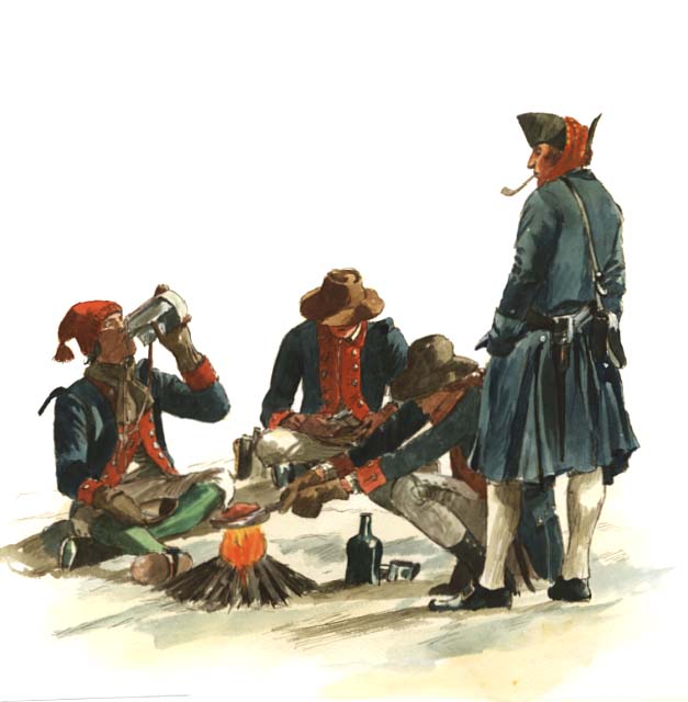 Camp life: mess (meal) scene around a campfire. One soldier is shown cooking meat on a grill fashioned out of an old barrel hoop.