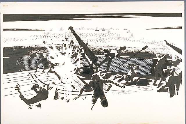 A Direct Hit: scene depicts the direct hit of Fort McHenry's Bastion No. 3 ("Clagget's Bastion) during the 1814 bombardment of the fort during the Battle of Baltimore on September 13, 1814.