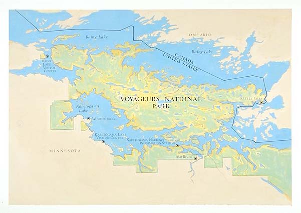 Map depicts Voyageurs National Park with Kettle Falls, Rainy Lake Visitor Center, Kabetogama Lake Visitor Center, Kabetogama Narrows Information Station, Woodenfrog and Ash River Visitor Center shown.