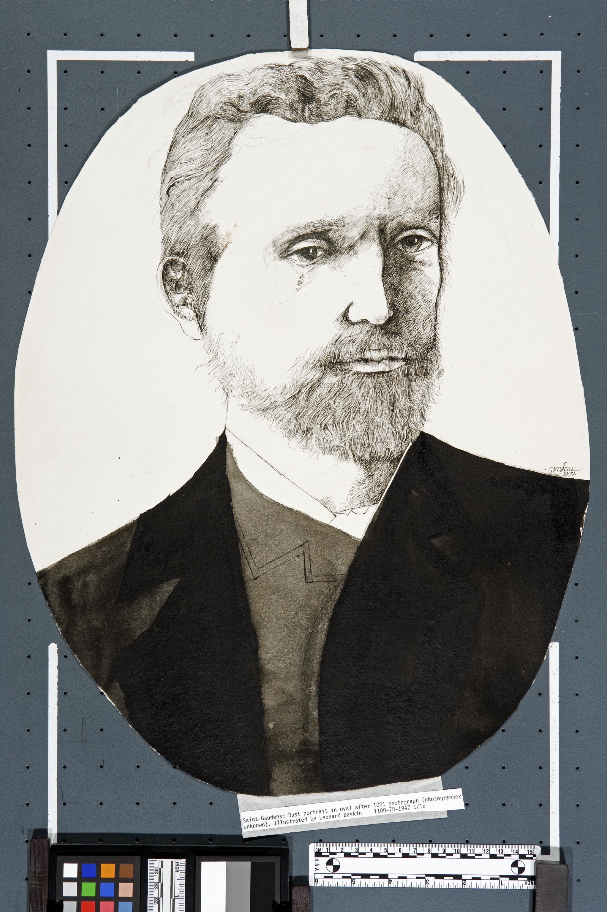 Oval portrait of Augustus Saint-Gaudens rendered as younger and less well-known, probably to resemble an 1881 photograph with head and collar positions similar.