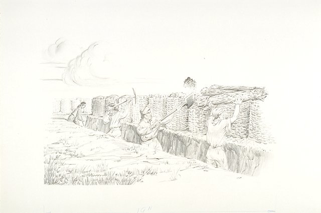 British digging their siege trench in toward the Northwest bastion of the fort during the siege of 1777. View is from behind the sappers.